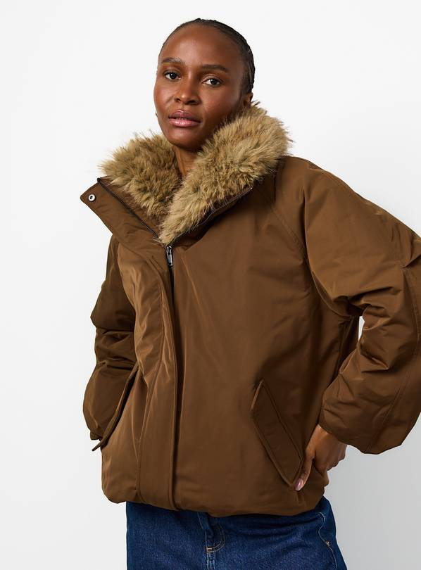 Brown Faux Fur Collar Bomber Jacket XL