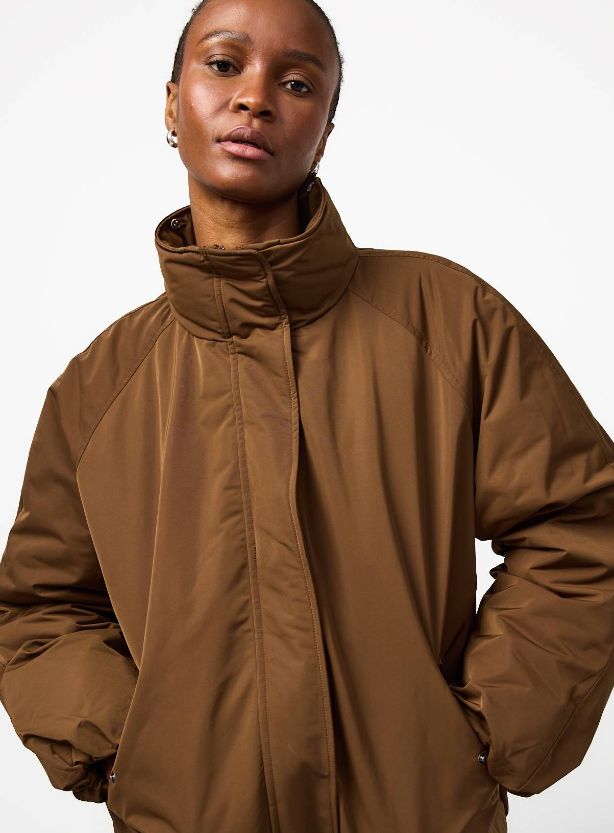 Brown Faux Fur Collar Bomber Jacket S - Image 2