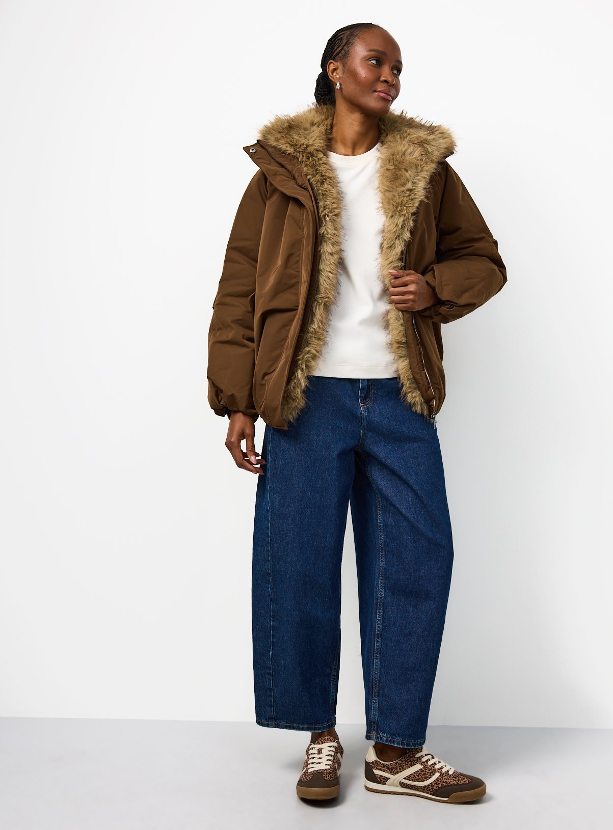 Brown Faux Fur Collar Bomber Jacket S - Image 3 thumbnail