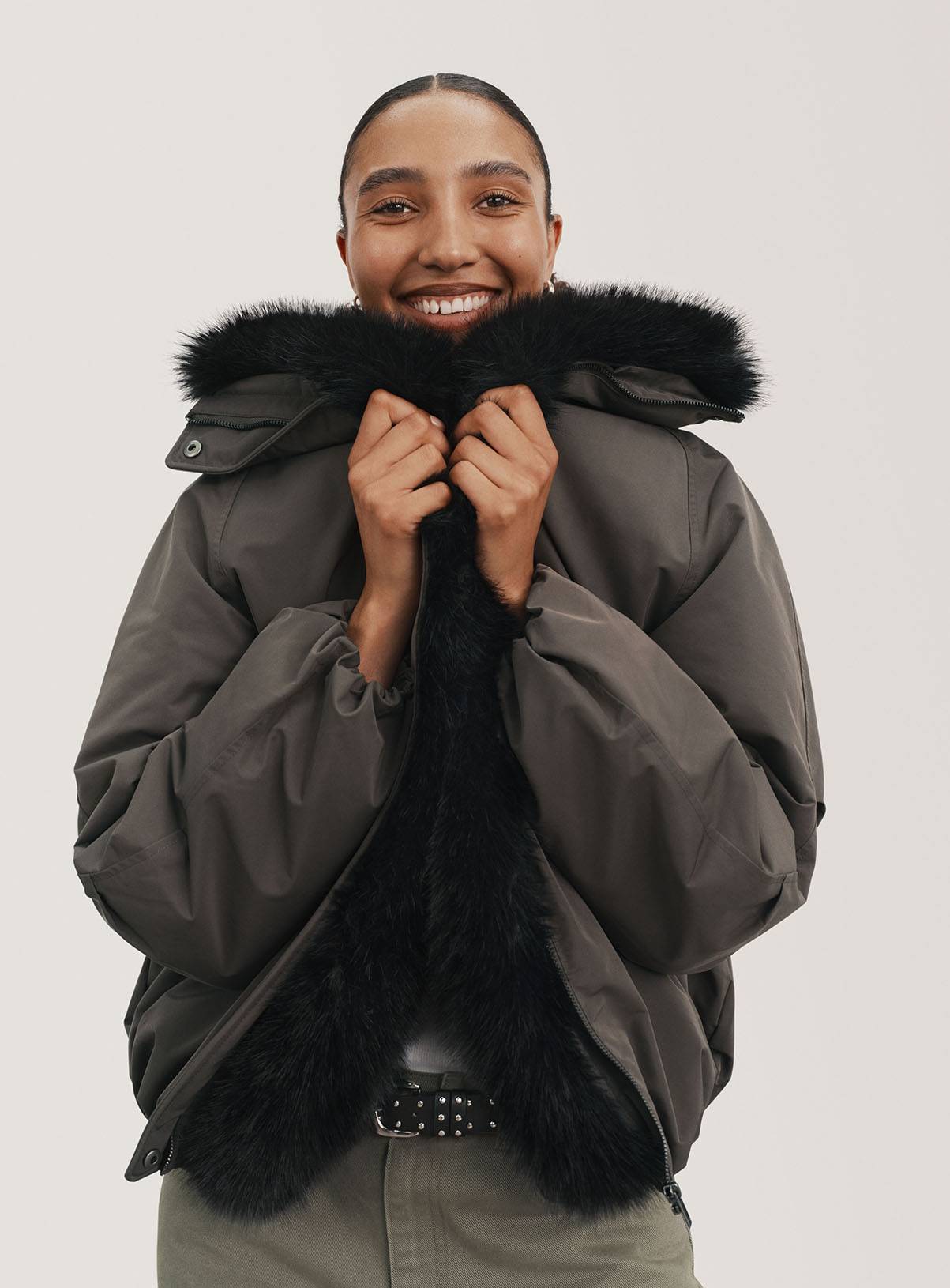 Khaki Faux Fur Collar Bomber Jacket M - Image 1