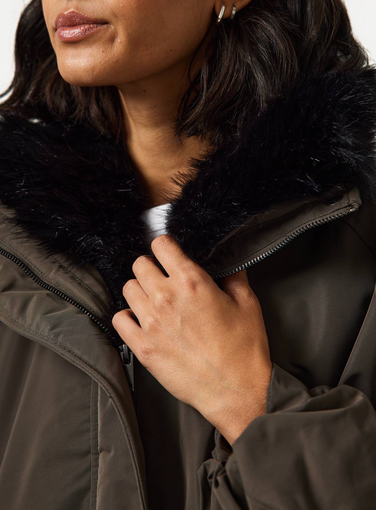 Khaki Faux Fur Collar Bomber Jacket M - Image 4