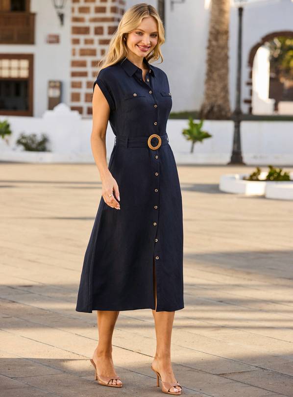 SOSANDAR Navy Blue Linen Blend Rattan Belted Shirt Dress 14
