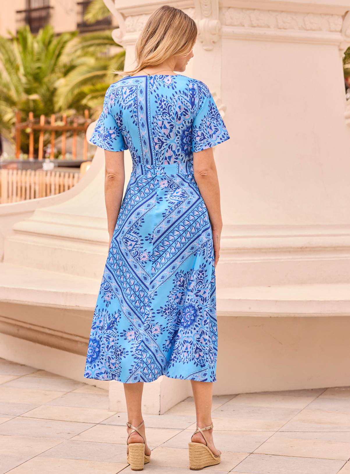 SOSANDAR Blue Scarf Print Satin Wrap Midi Dress 12 - Image 2