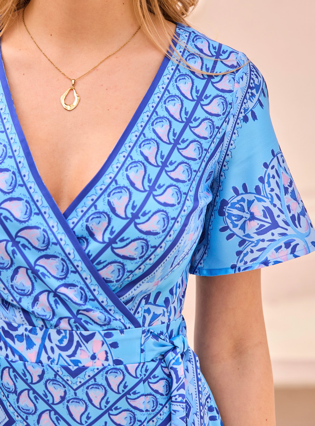 SOSANDAR Blue Scarf Print Satin Wrap Midi Dress 12 - Image 4 thumbnail