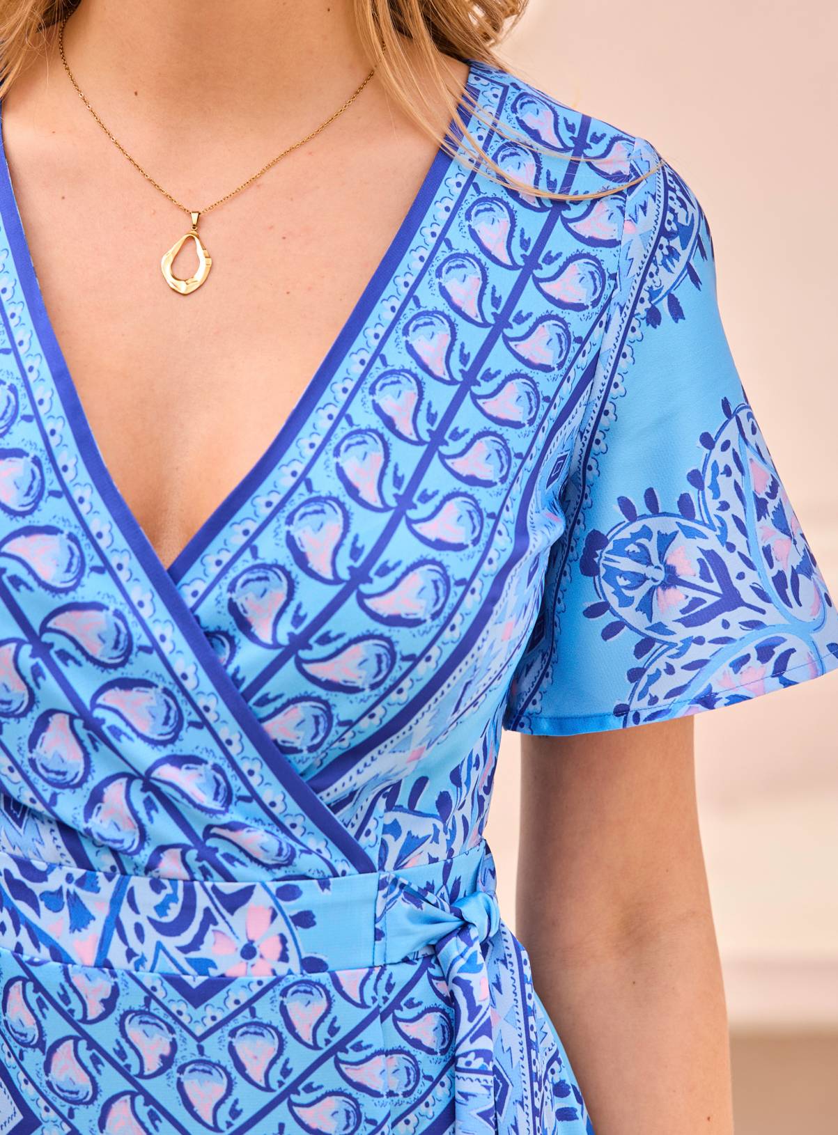 SOSANDAR Blue Scarf Print Satin Wrap Midi Dress 12 - Image 4