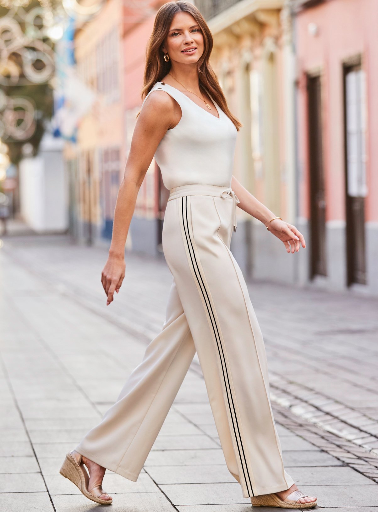 SOSANDAR Ecru Side Stripe Wide Leg Trousers 6 - Image 5 thumbnail