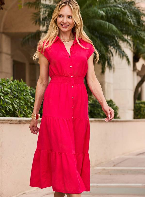 SOSANDAR Pink Linen Blend Shirred Waist Shirt Dress 10