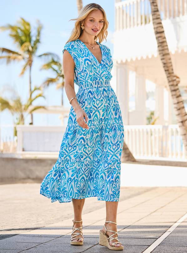 SOSANDAR Blue Abstract Print Shirred Waist Faux Wrap Midi Dress 16