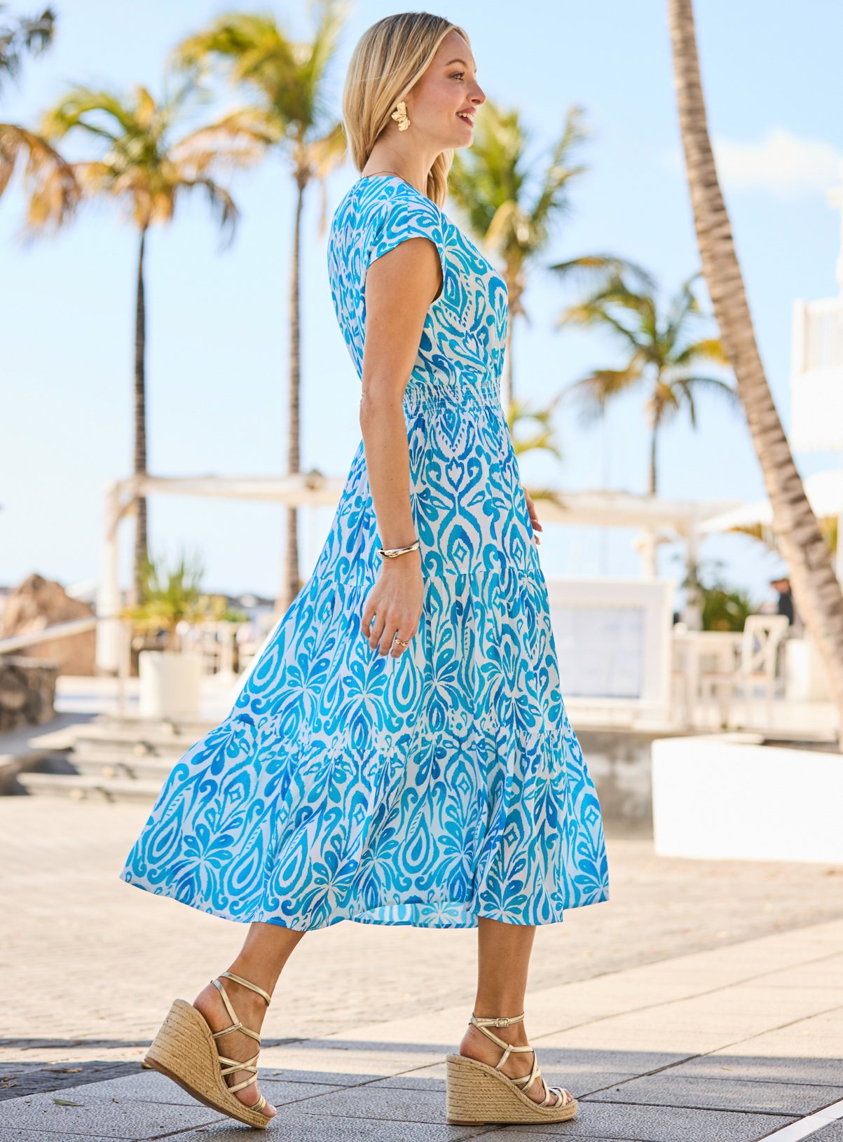 SOSANDAR Blue Abstract Print Shirred Waist Faux Wrap Midi Dress 8 - Image 2 thumbnail