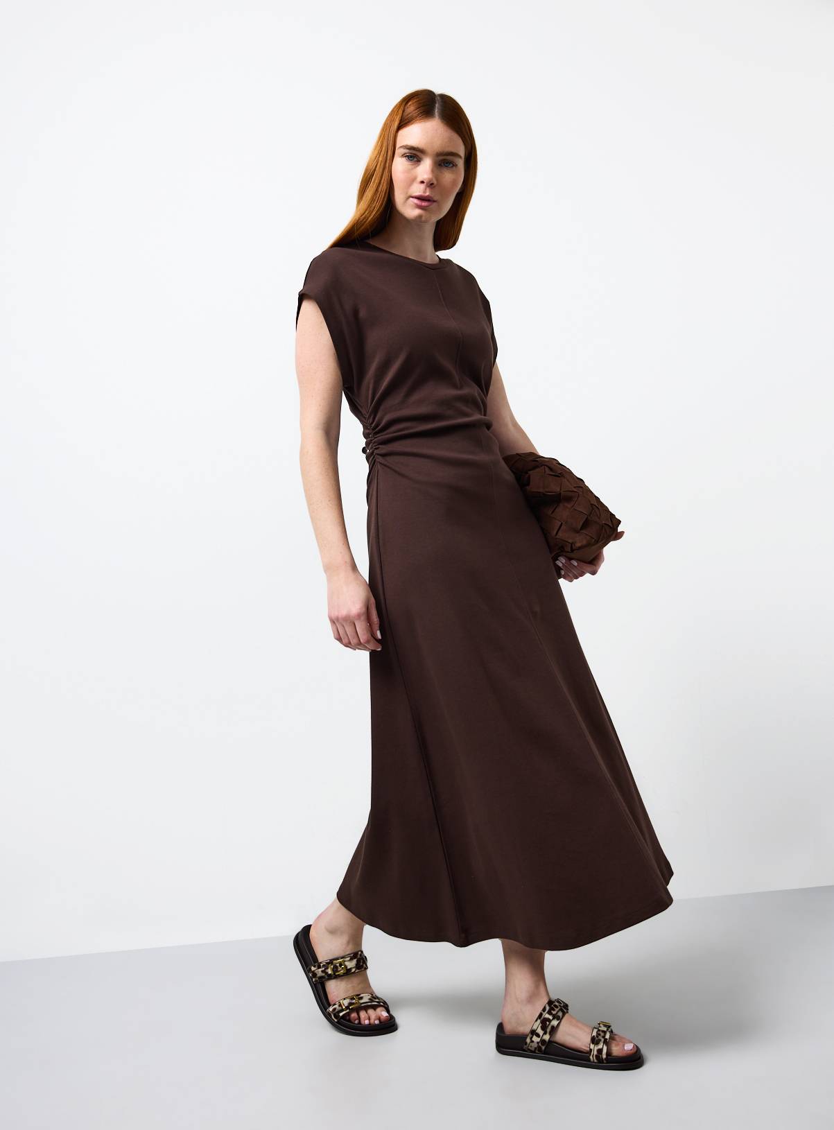 Brown Jersey Fabric Cinched Column Dress 8 - Image 1