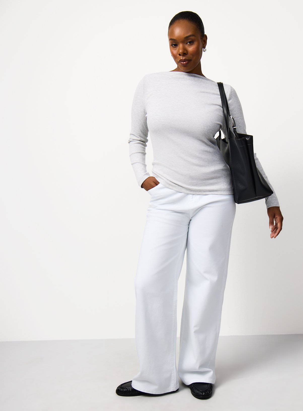 Grey Brushed Ribbed Long Sleeve Slash Neckline Top 26 - Image 2 thumbnail