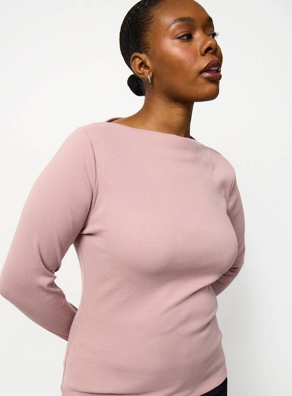 Pink Brushed Ribbed Long Sleeve Slash Neckline Top 12