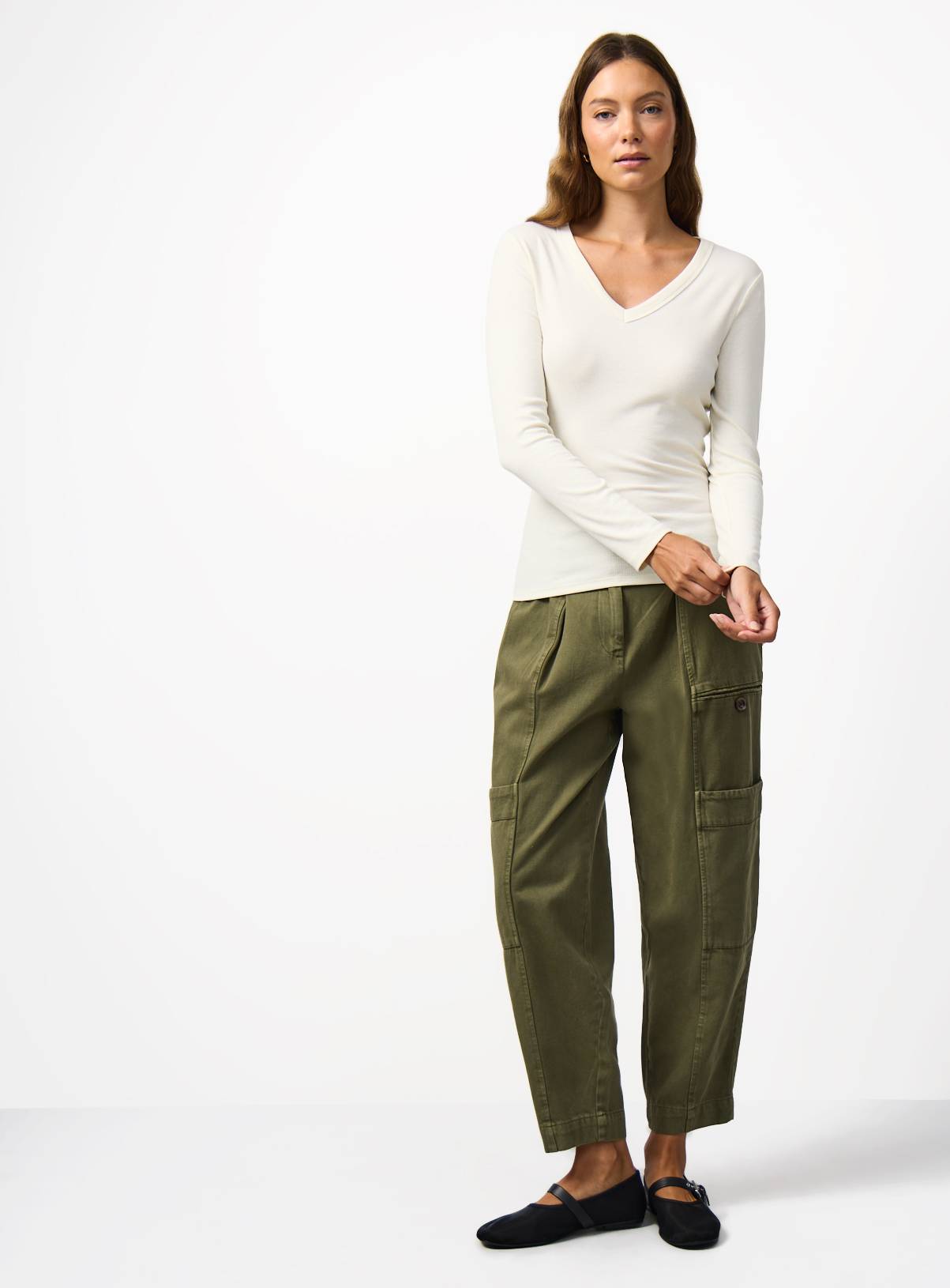 Cream Ribbed V-Neck Long Sleeve T-Shirt 22 - Image 2