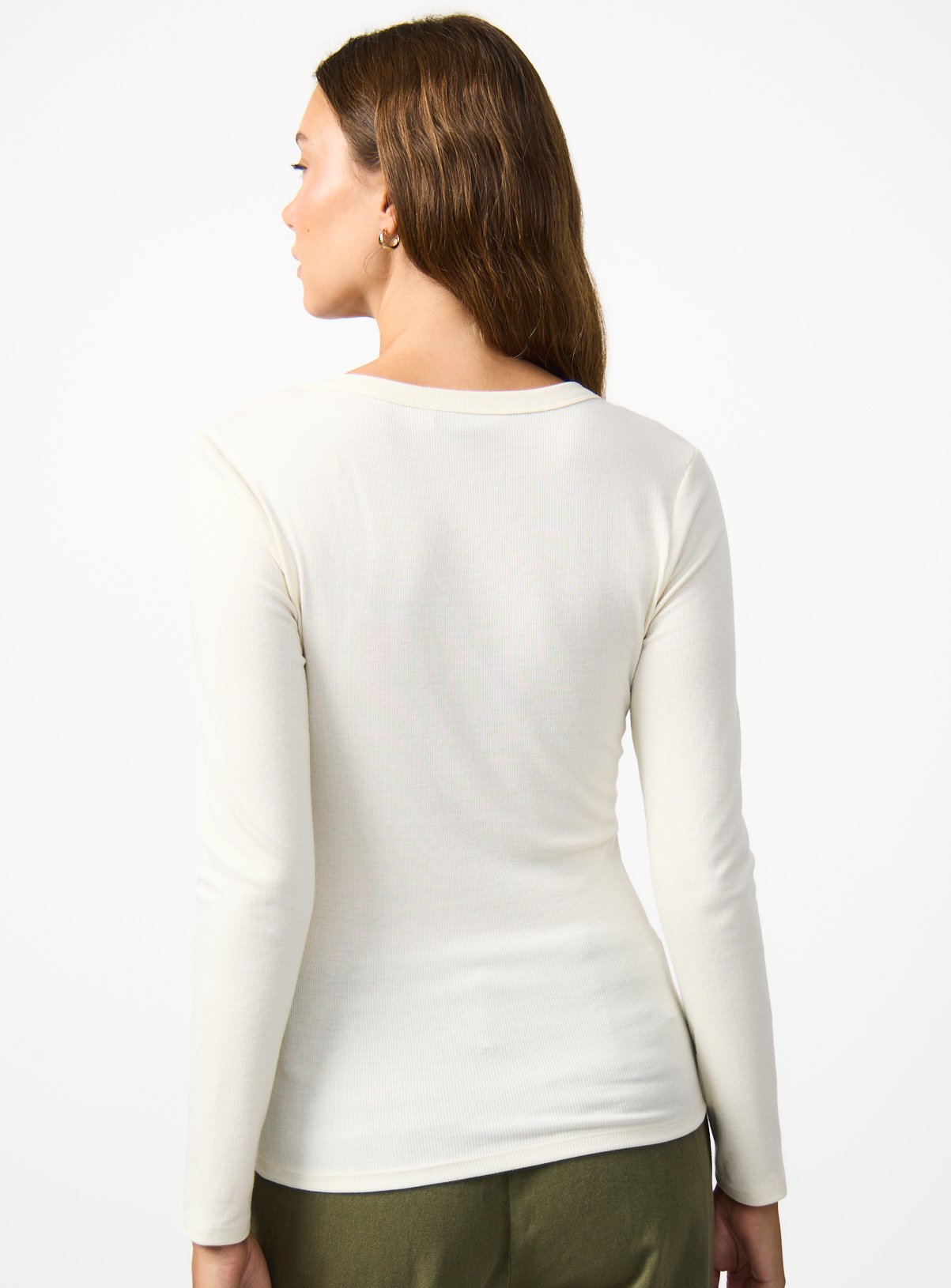 Cream Ribbed V-Neck Long Sleeve T-Shirt 22 - Image 4 thumbnail