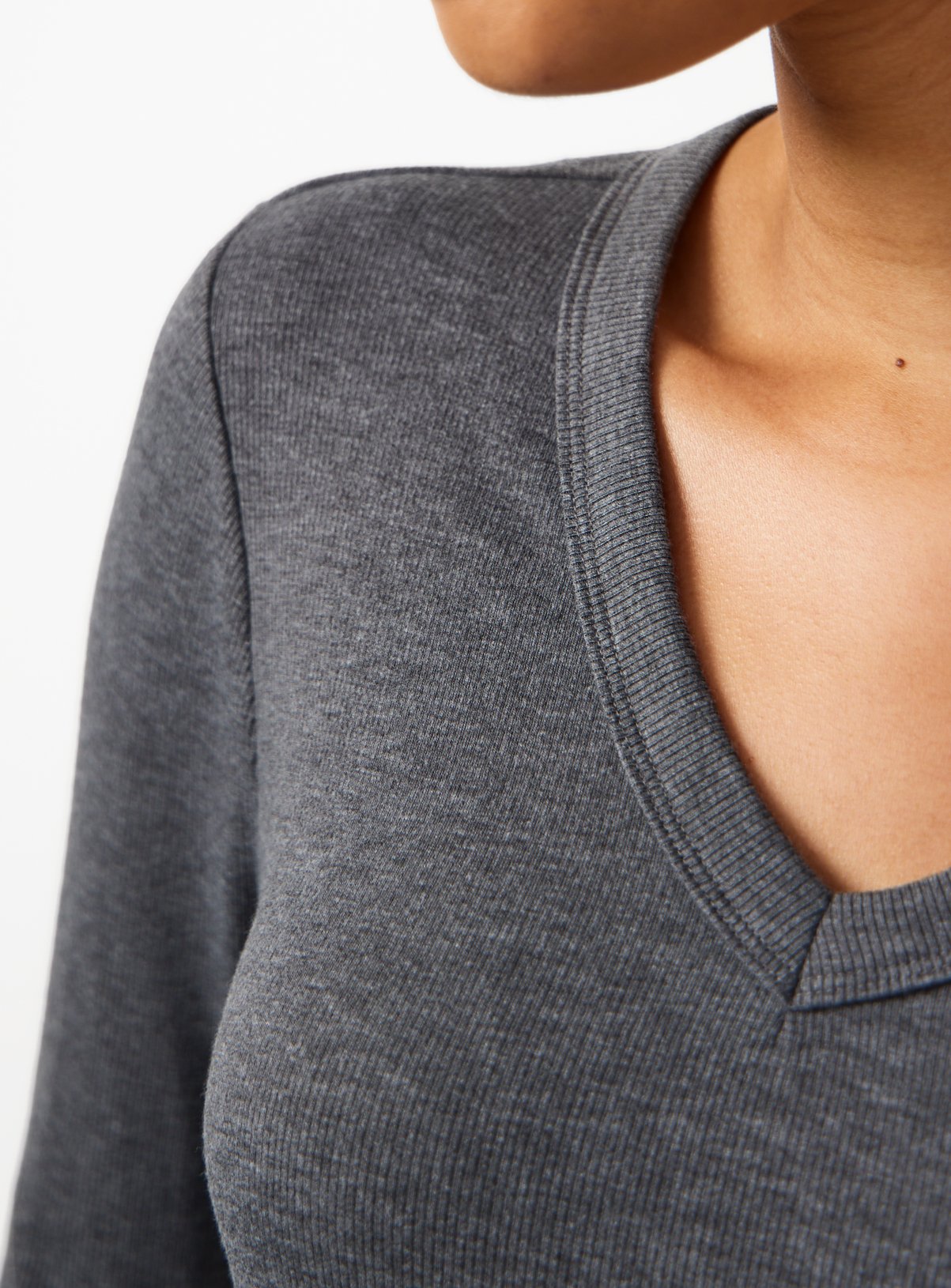 Charcoal Grey V Neckline Ribbed Long Sleeve Top 18 - Image 3 thumbnail