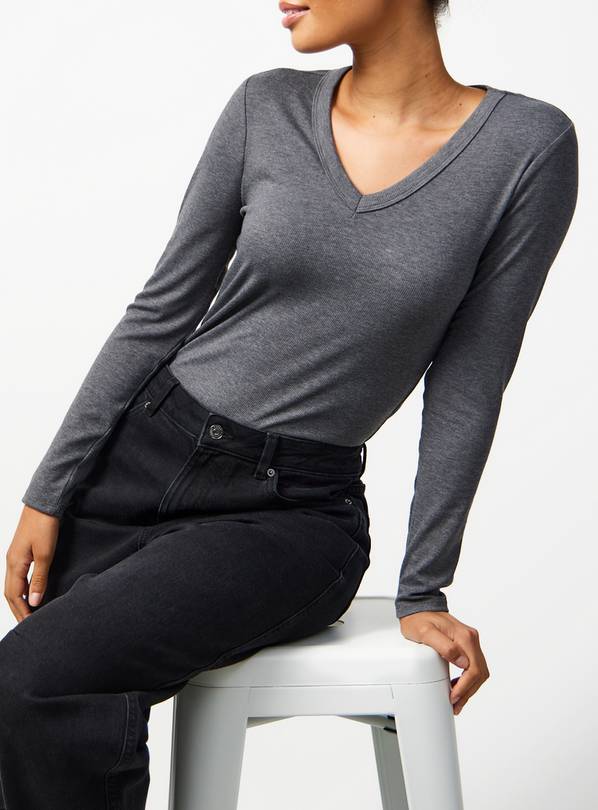 Charcoal Grey V Neckline Ribbed Long Sleeve Top 26