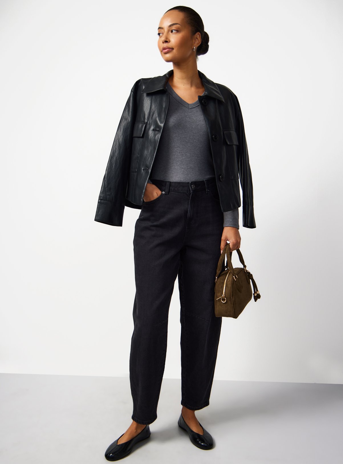 Charcoal Grey V Neckline Ribbed Long Sleeve Top 26 - Image 2 thumbnail