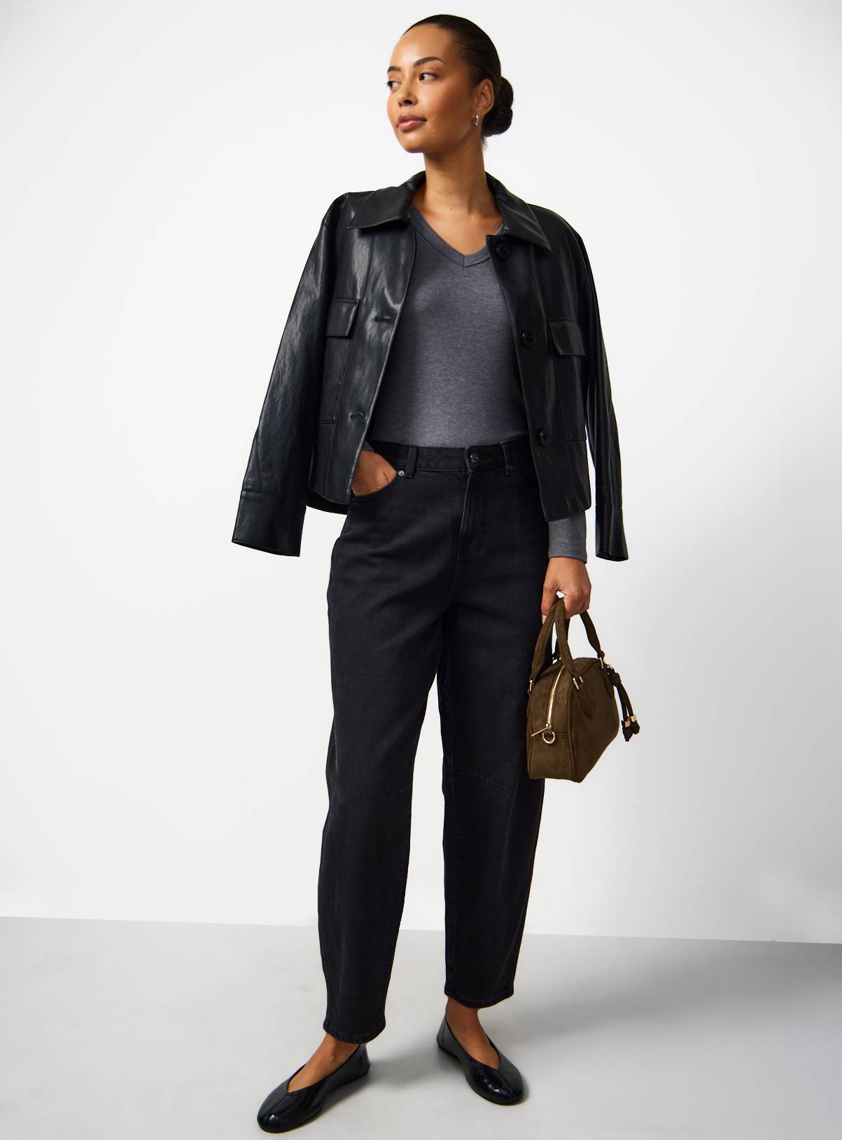 Charcoal Grey V Neckline Ribbed Long Sleeve Top 26 - Image 2