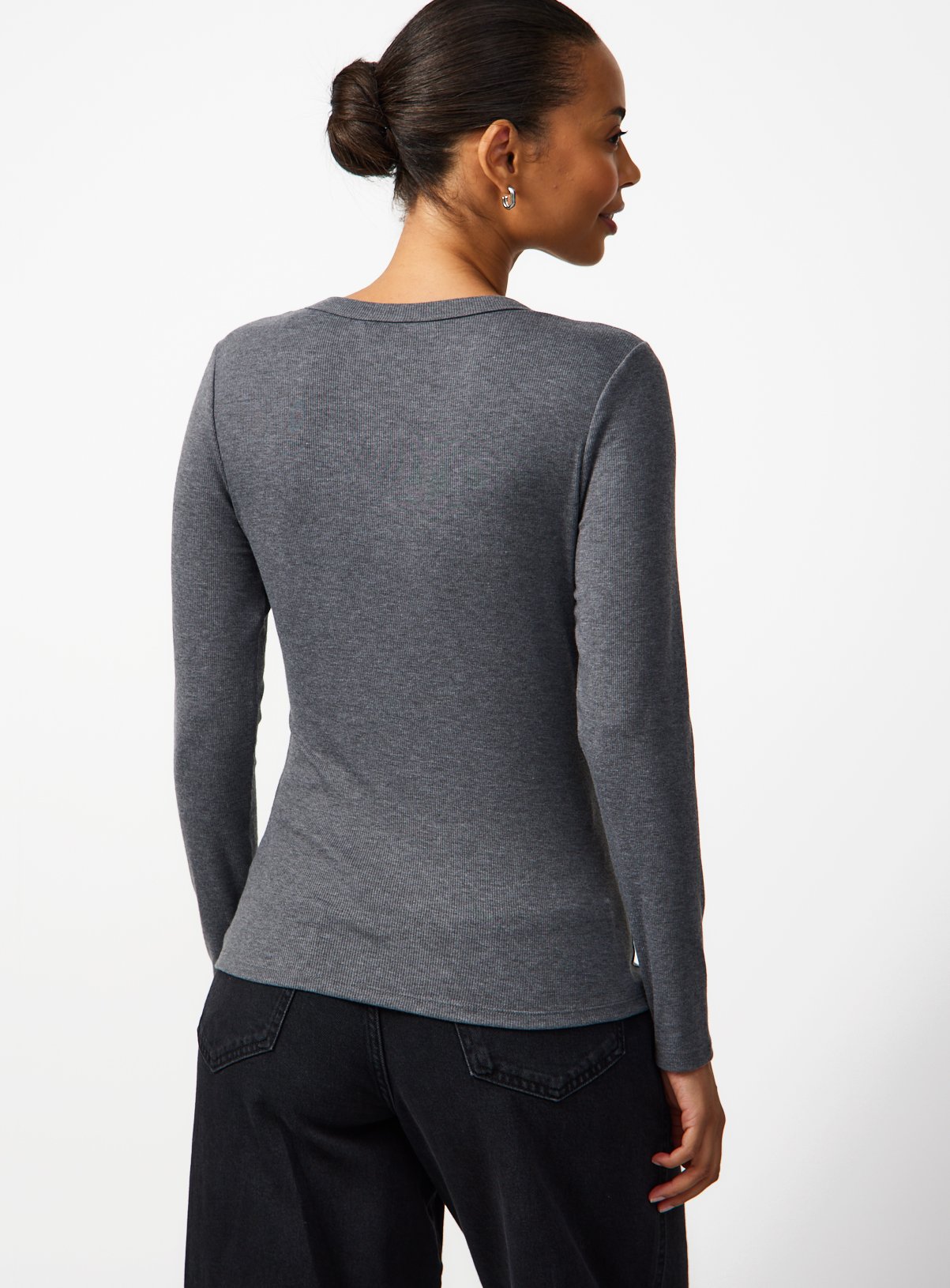 Charcoal Grey V Neckline Ribbed Long Sleeve Top 26 - Image 4 thumbnail