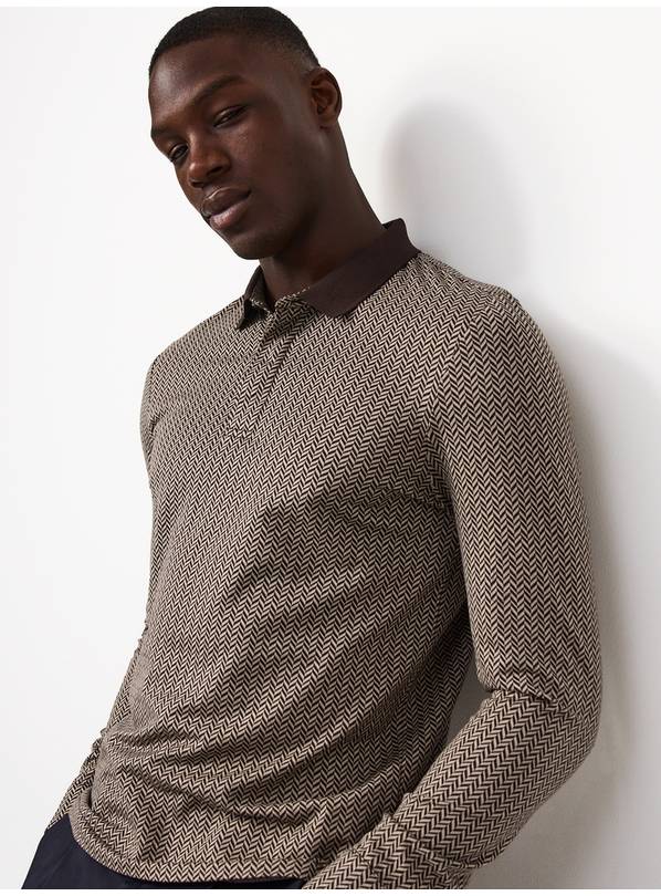 Pure Cotton Herringbone Long-Sleeved Polo Shirt L