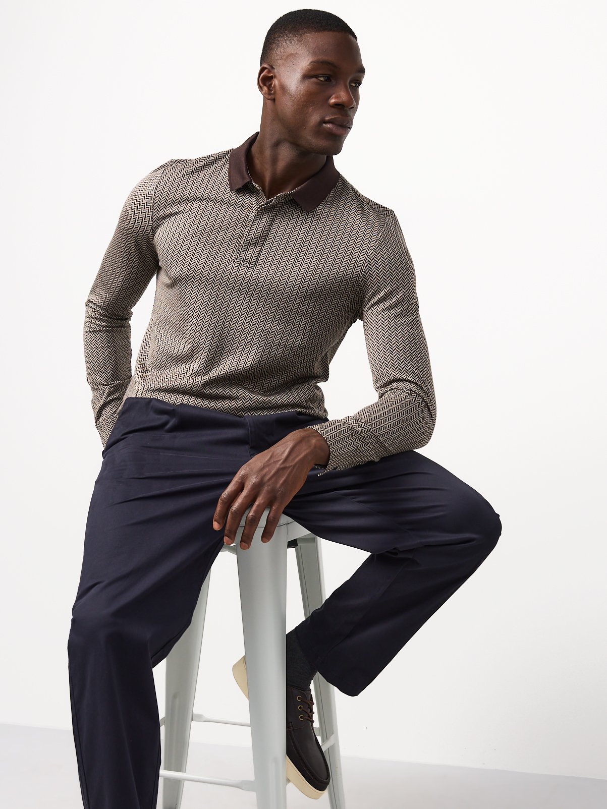 Pure Cotton Herringbone Long-Sleeved Polo Shirt S - Image 2 thumbnail
