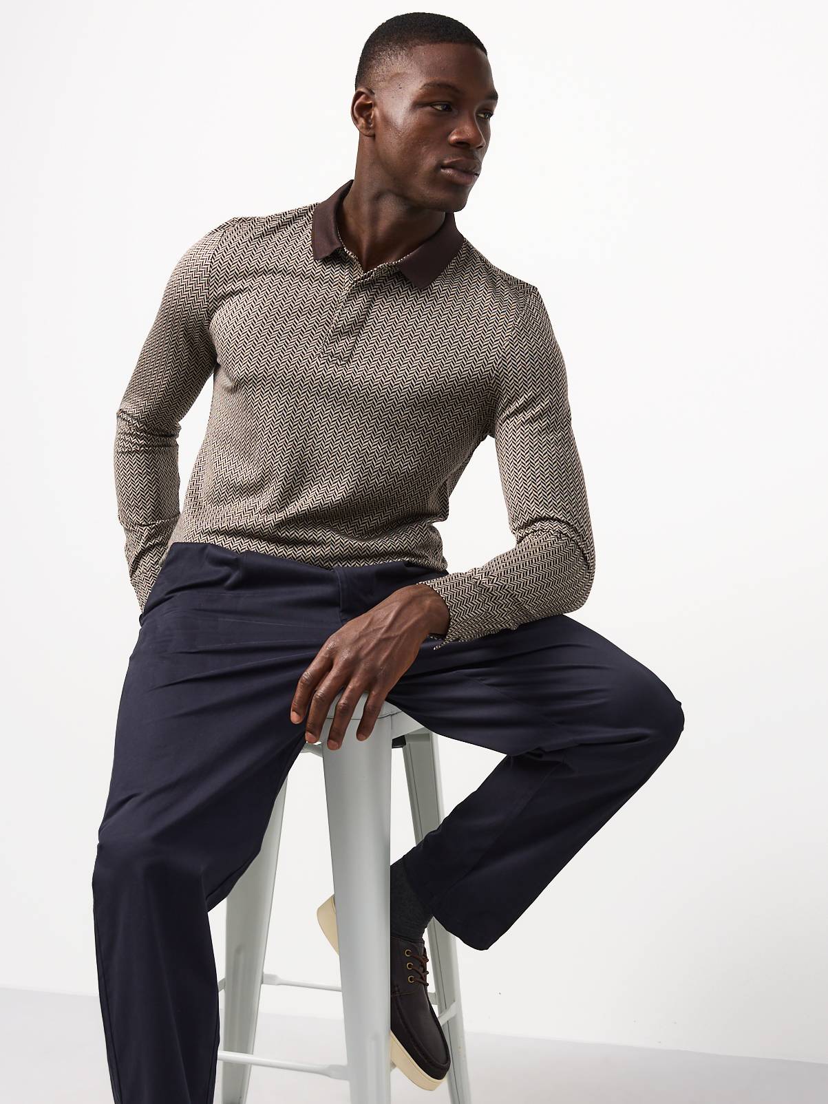 Pure Cotton Herringbone Long-Sleeved Polo Shirt S - Image 2