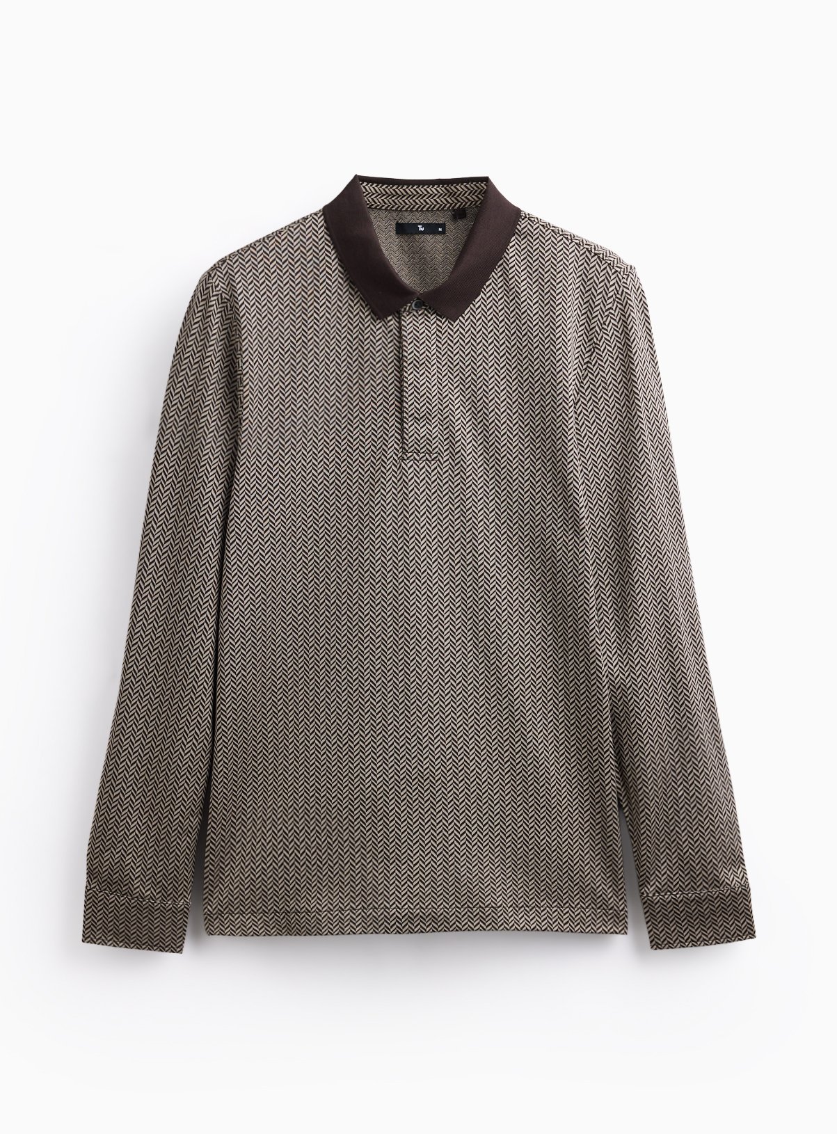 Pure Cotton Herringbone Long-Sleeved Polo Shirt S - Image 3 thumbnail