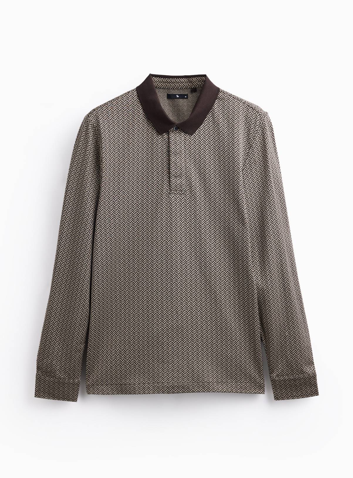 Pure Cotton Herringbone Long-Sleeved Polo Shirt S - Image 3