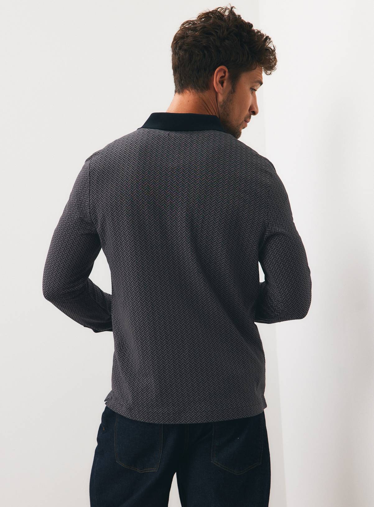 Black Long Sleeved Herringbone Polo XXXL - Image 5