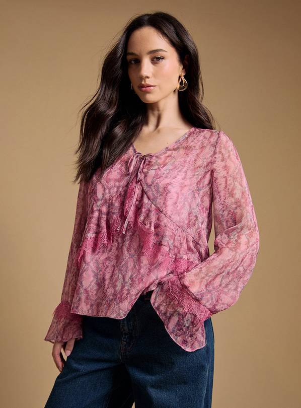 OASIS Fluted Sleeve Lace Trim Blouse 12