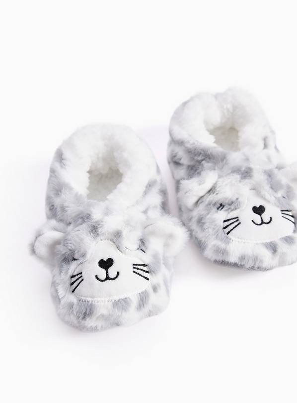 Grey Snow Leopard Sherpa Footsie Slippers 3-5.5 Infant