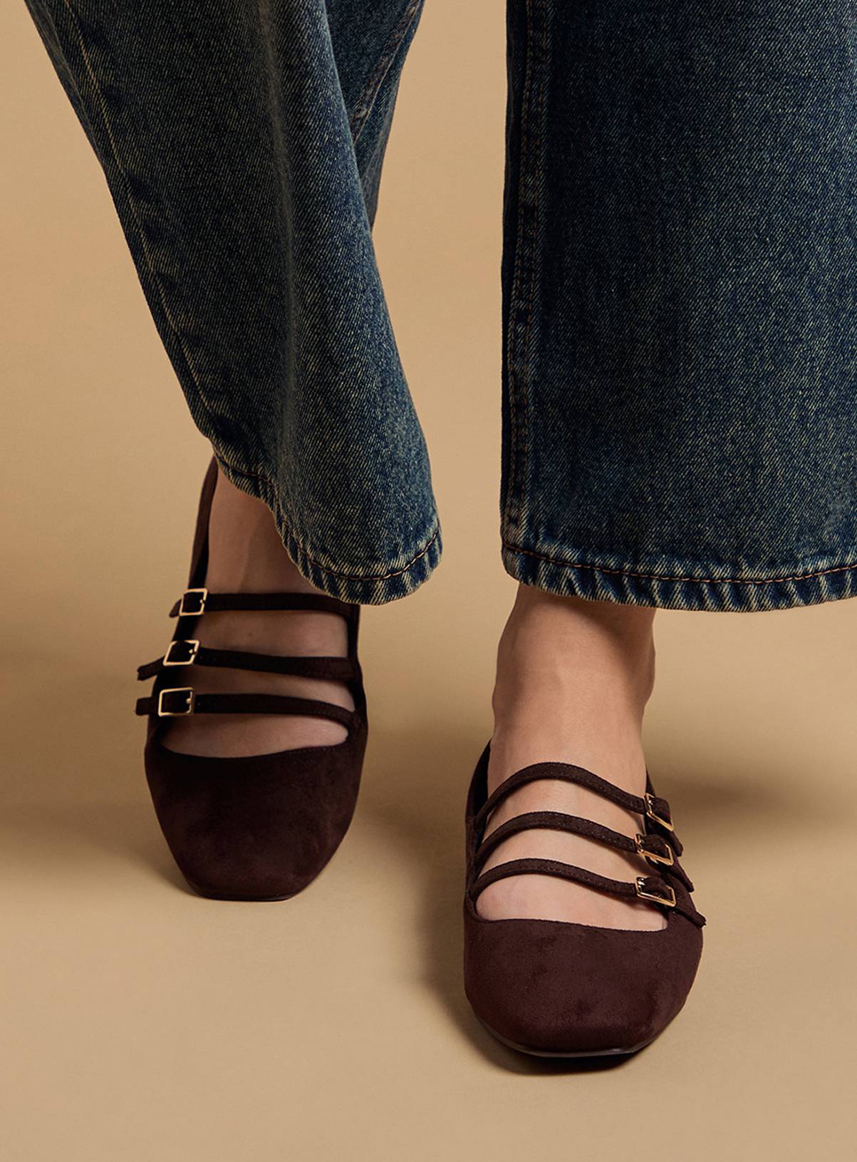 OASIS Madalena Faux Suede Multi Maryjane Ballet Pumps Brown 4 - Image 2