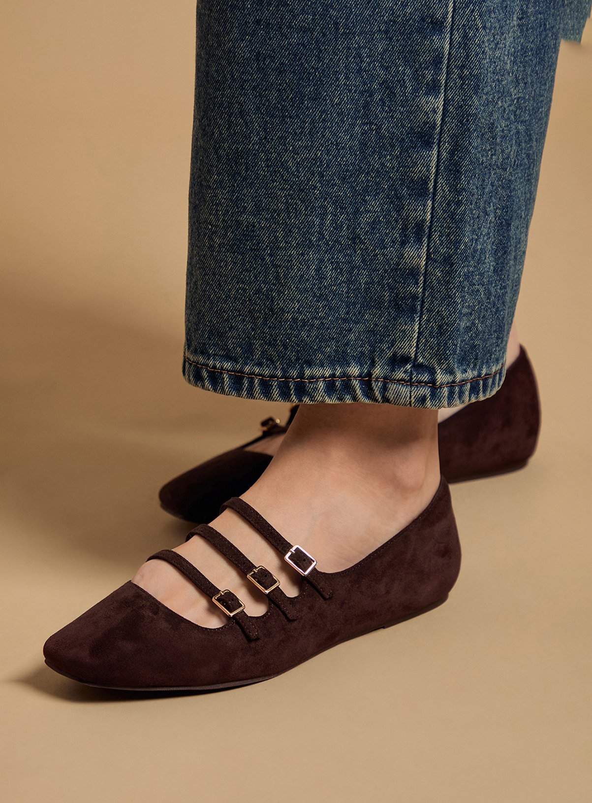 OASIS Madalena Faux Suede Multi Maryjane Ballet Pumps Brown 4 - Image 4 thumbnail