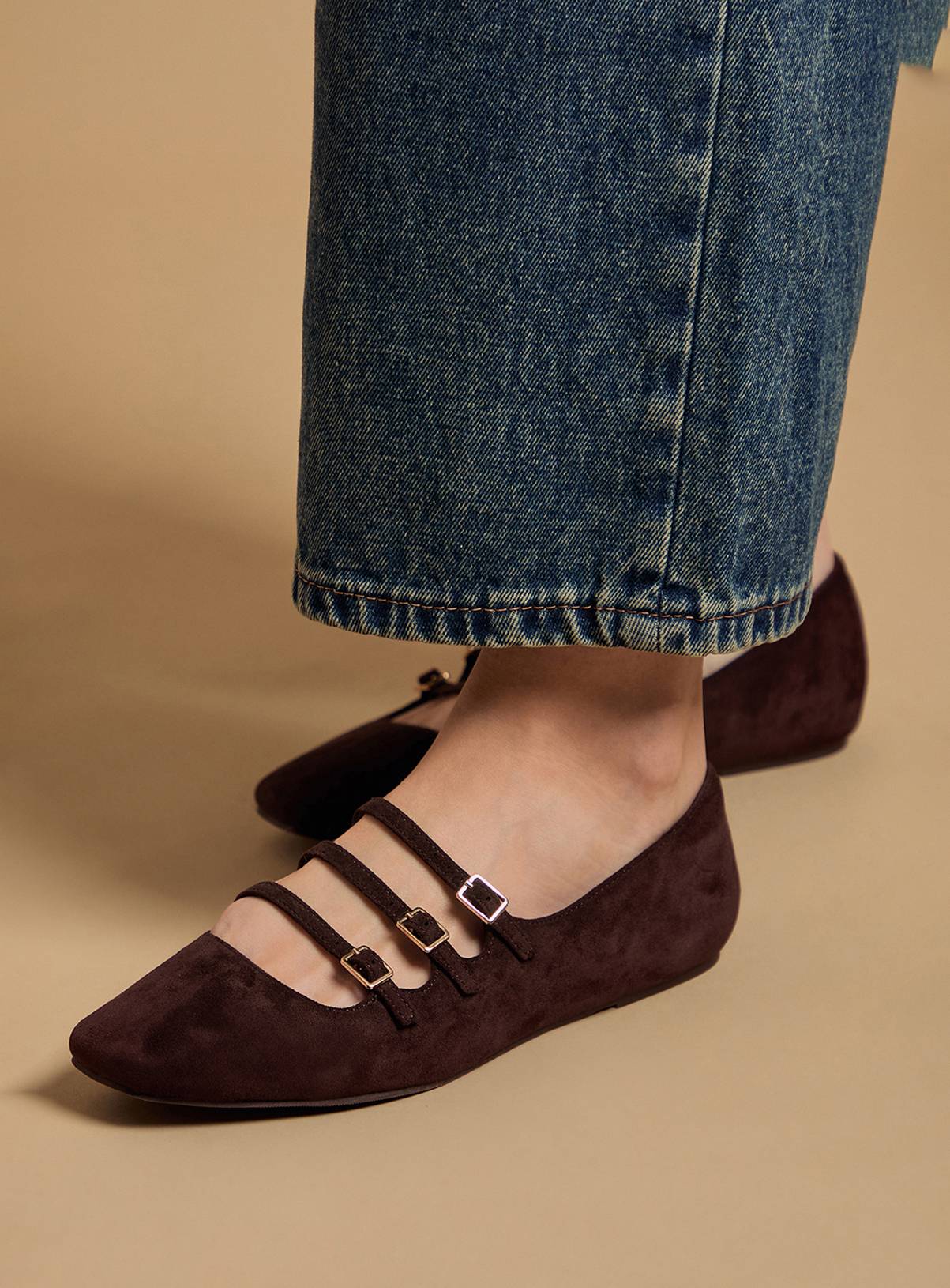OASIS Madalena Faux Suede Multi Maryjane Ballet Pumps Brown 4 - Image 4