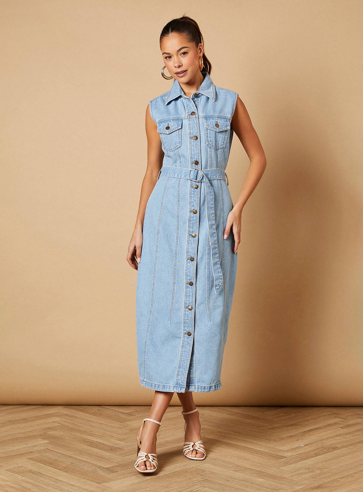 OASIS Belted Waist Pocket Detail Denim Midaxi Dress 10 - Image 1