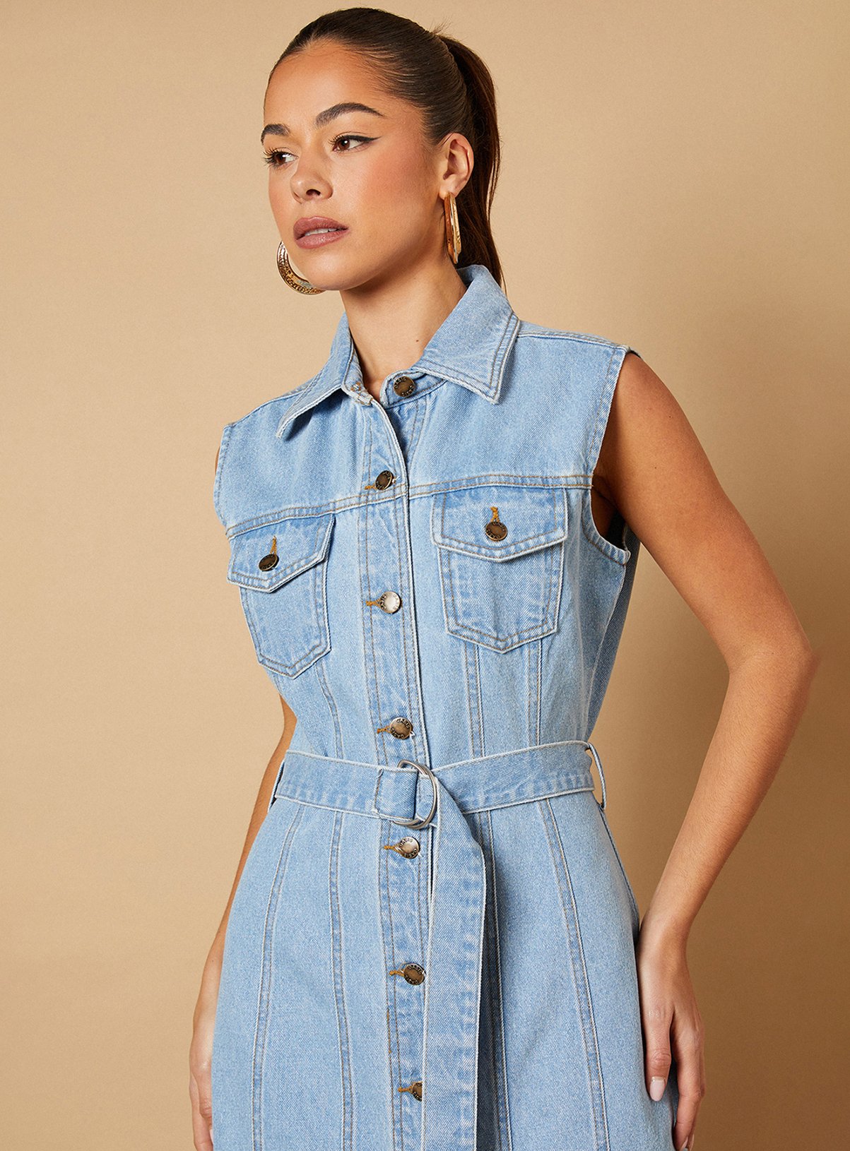 OASIS Belted Waist Pocket Detail Denim Midaxi Dress 10 - Image 4 thumbnail