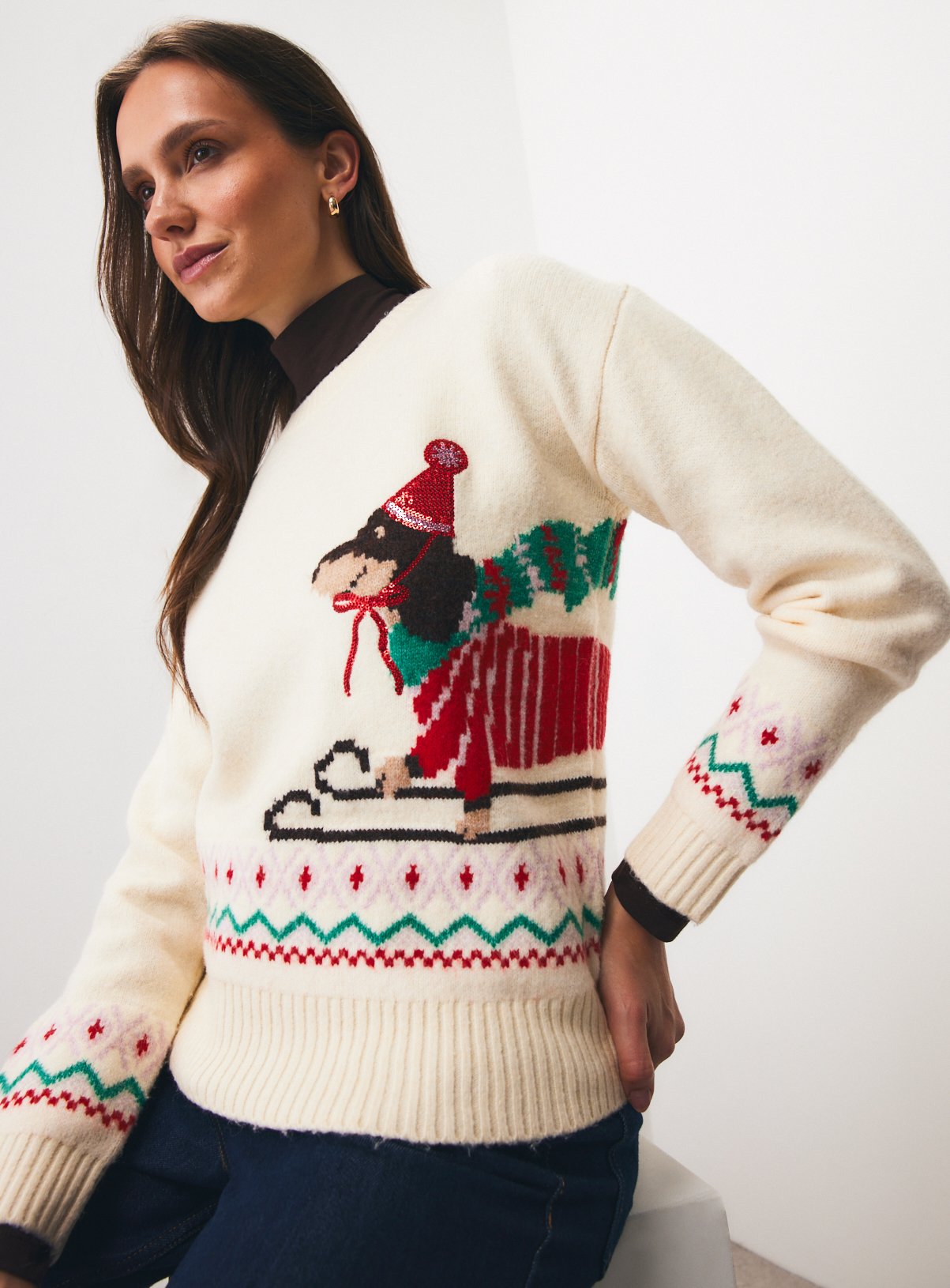 Mini Me Cream Dachshund Christmas Knitted Jumper XL - Image 1 thumbnail