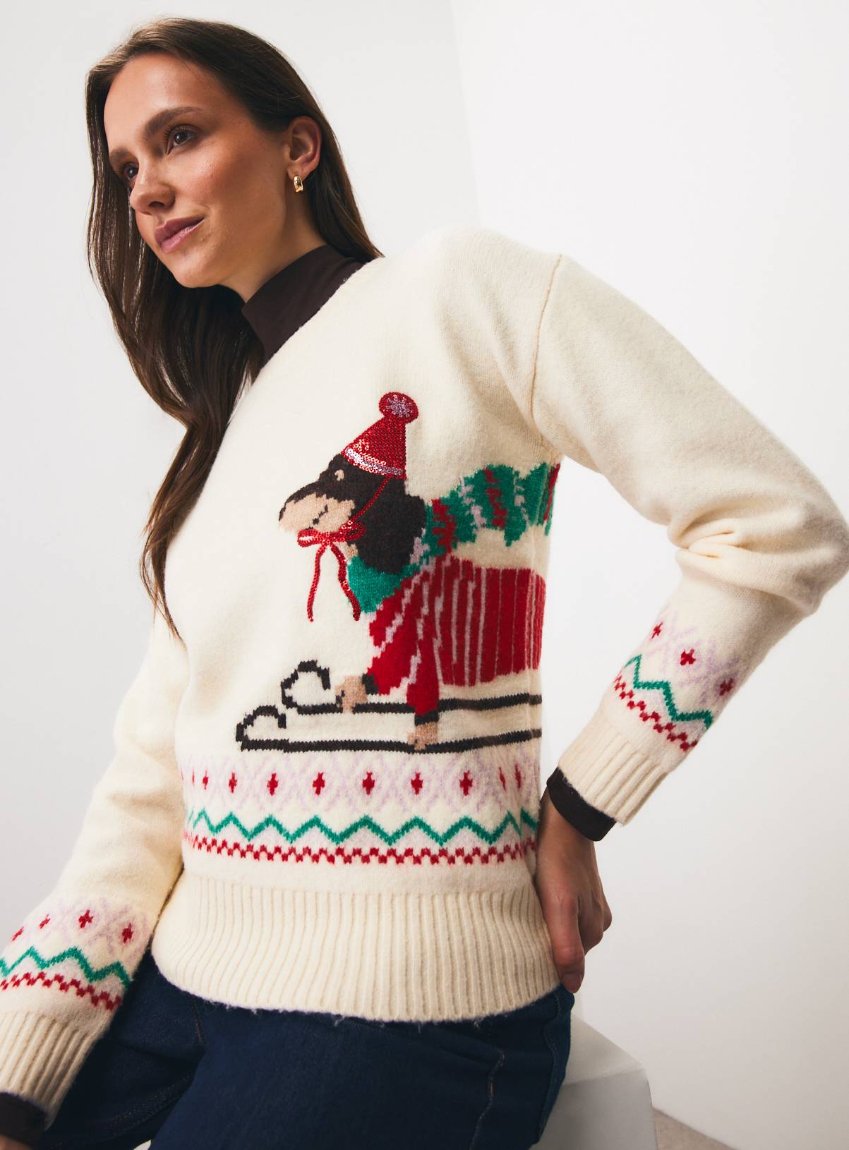 Mini Me Cream Dachshund Christmas Knitted Jumper XL - Image 1