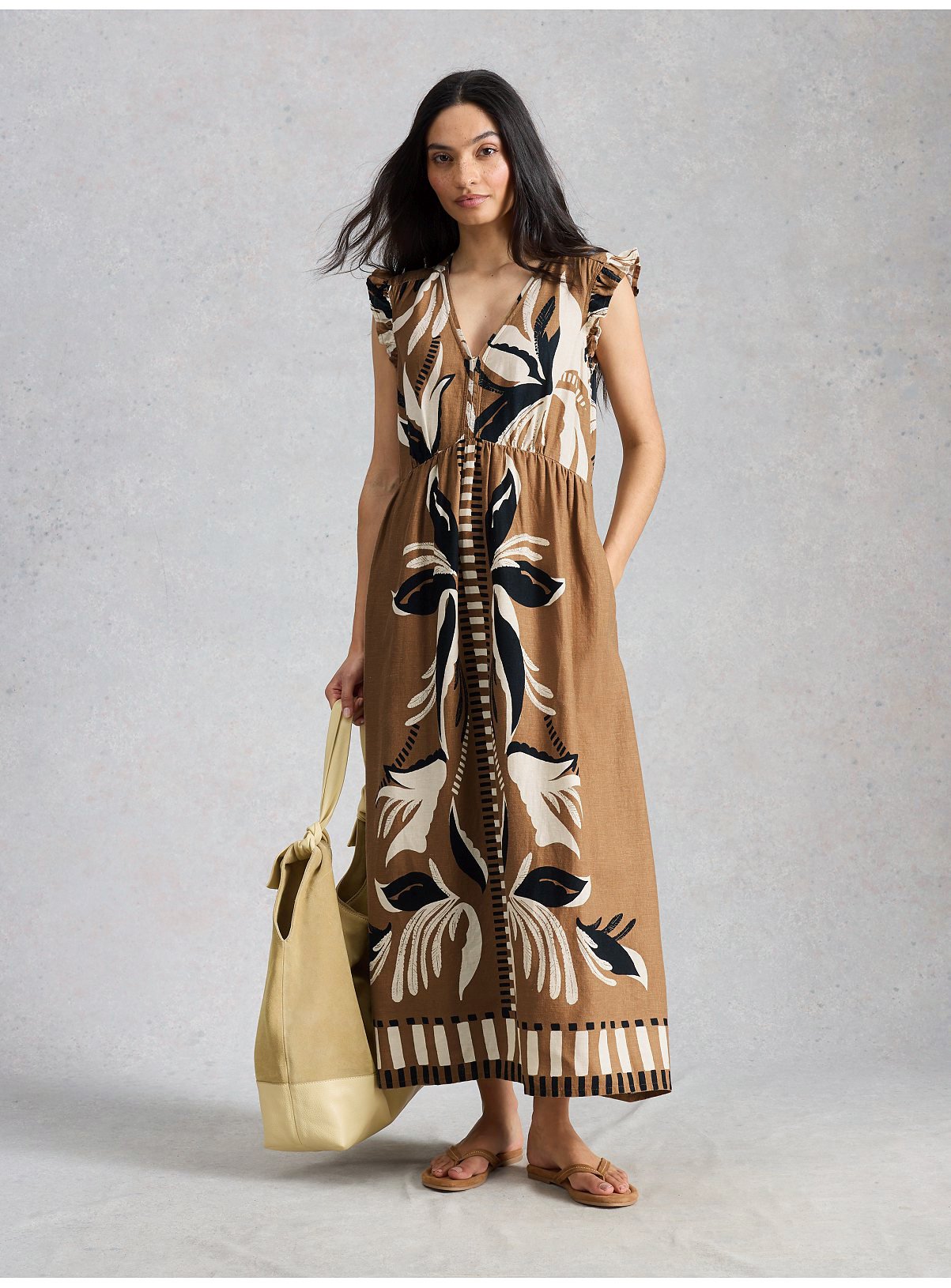 WHITE STUFF Lorna Linen Blend Maxi Dress Brown 18 - Image 1 thumbnail