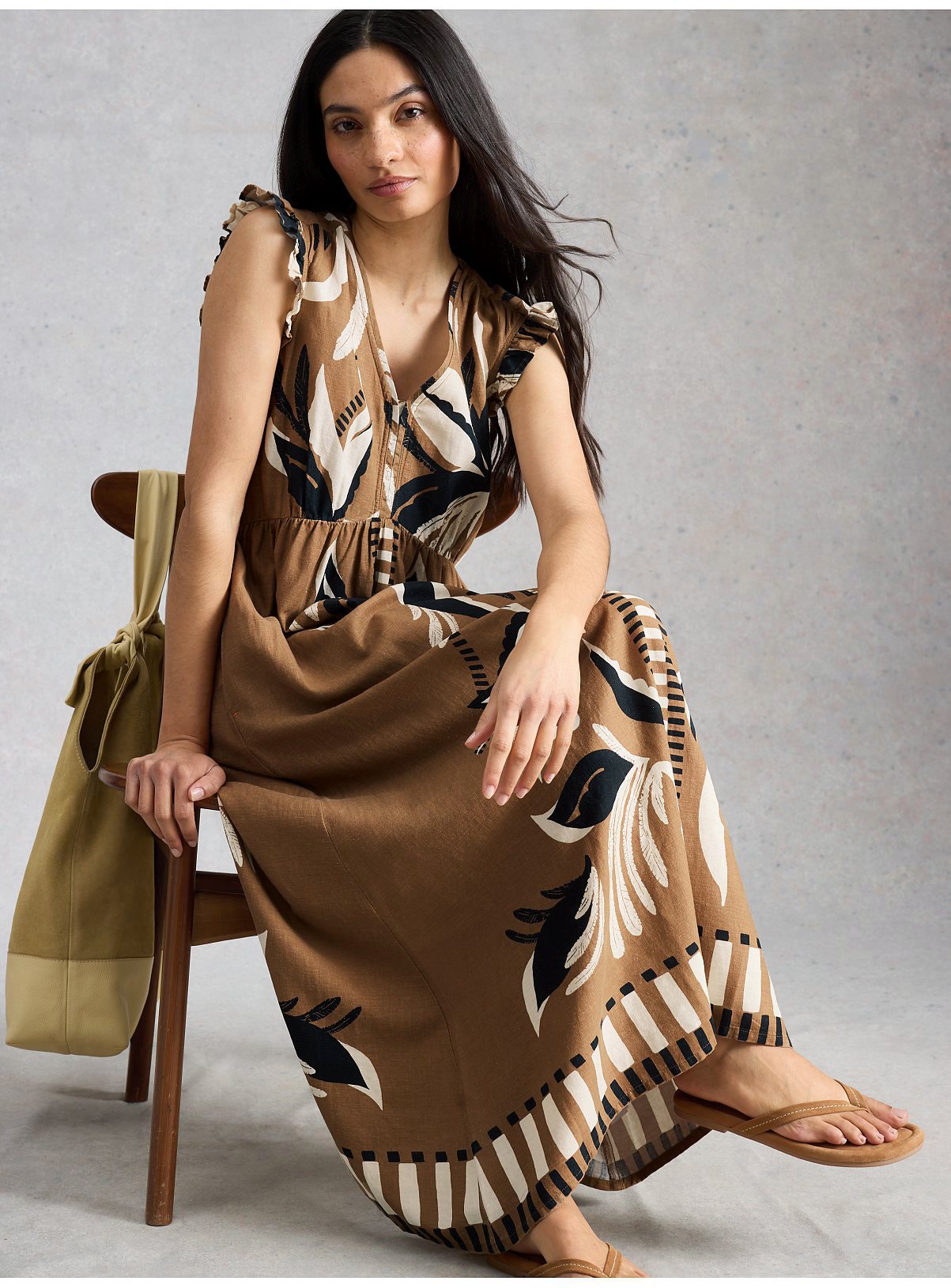 WHITE STUFF Lorna Linen Blend Maxi Dress Brown 18 - Image 3 thumbnail