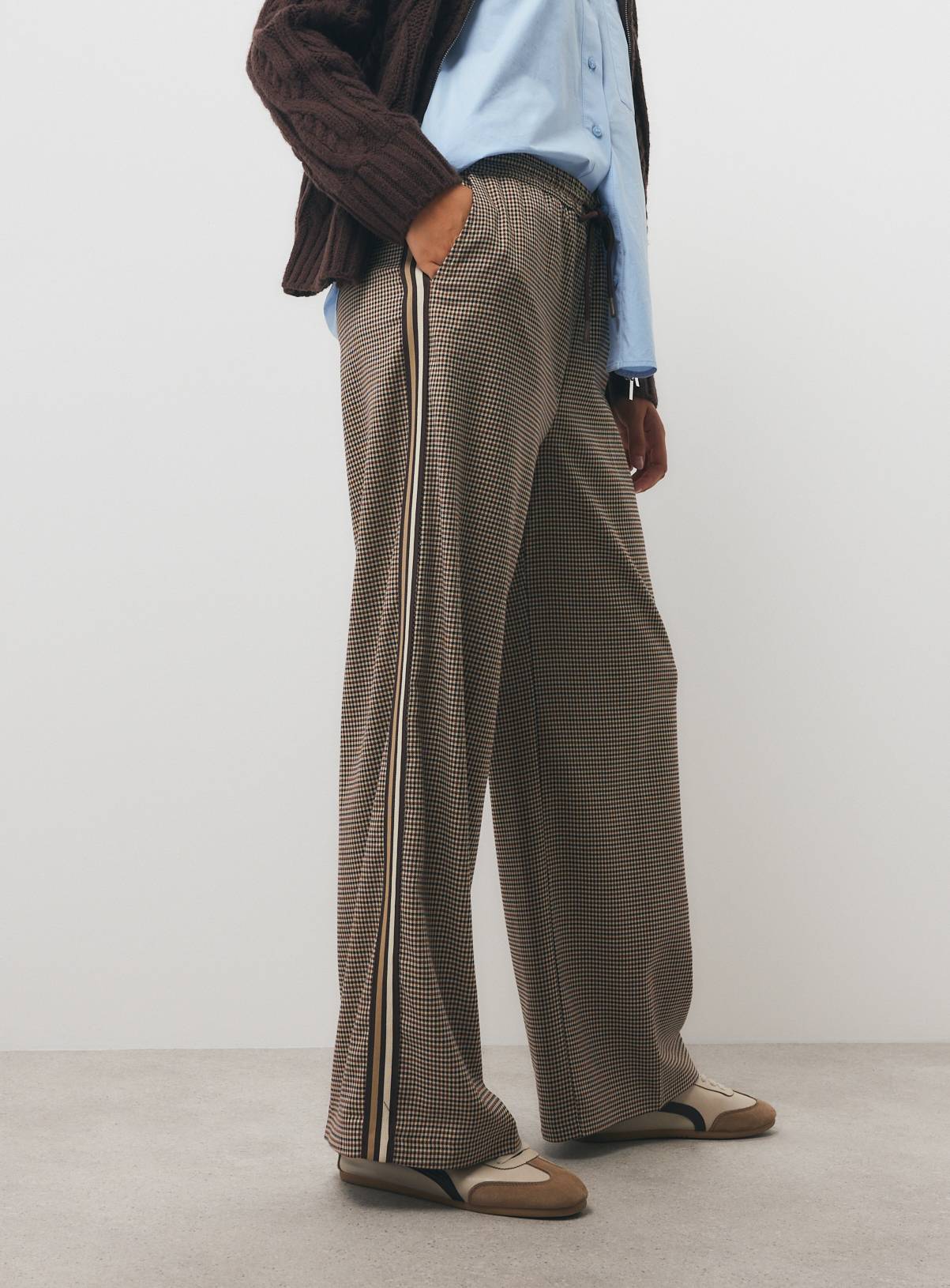 Brown Woven Check Side Stripe Wide Leg Trousers 14 - Image 1