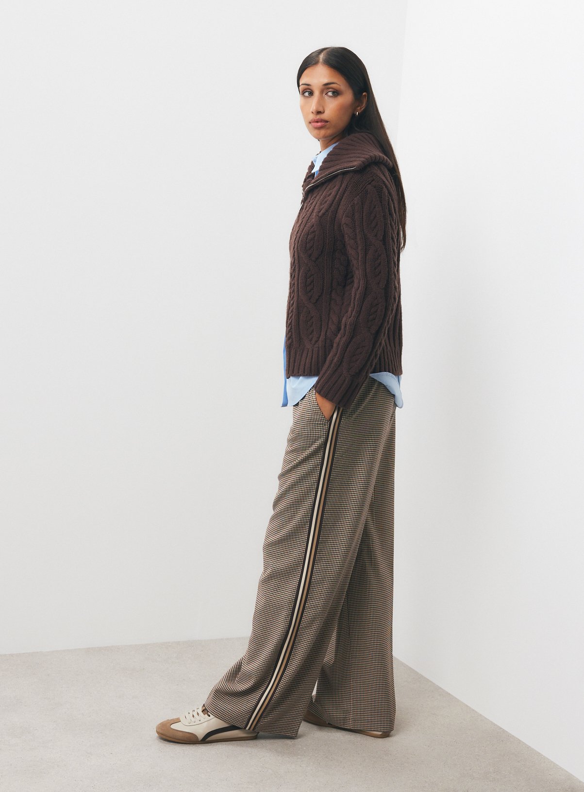 Brown Woven Check Side Stripe Wide Leg Trousers 14 - Image 2 thumbnail