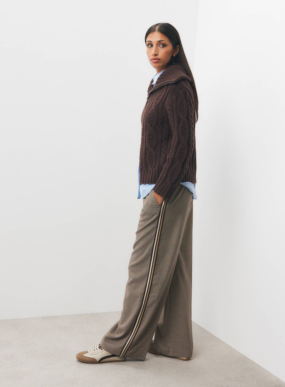 Brown Woven Check Side Stripe Wide Leg Trousers 14 - Image 2
