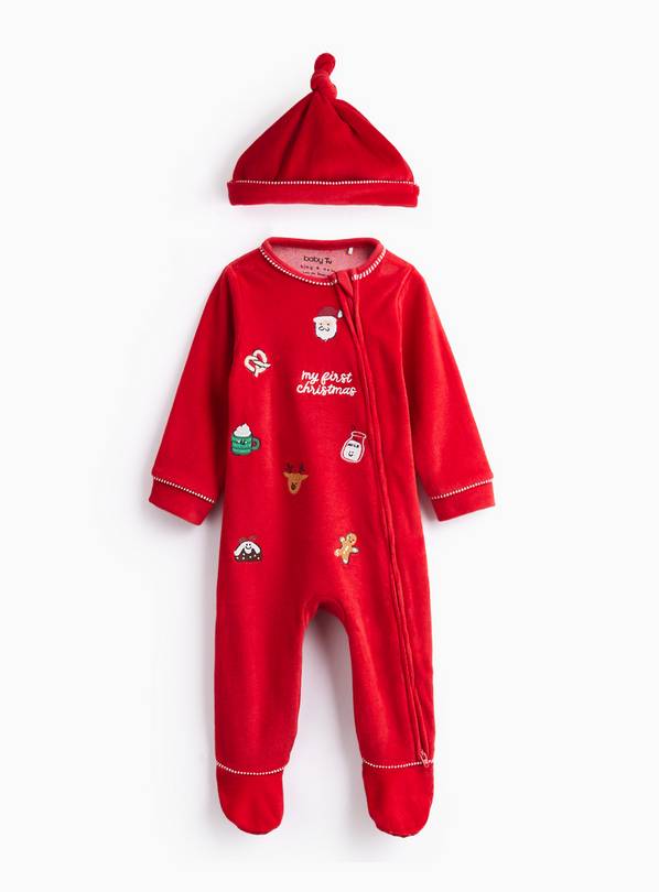 My First Christmas Velour Sleepsuit & Hat Set 6-9 months