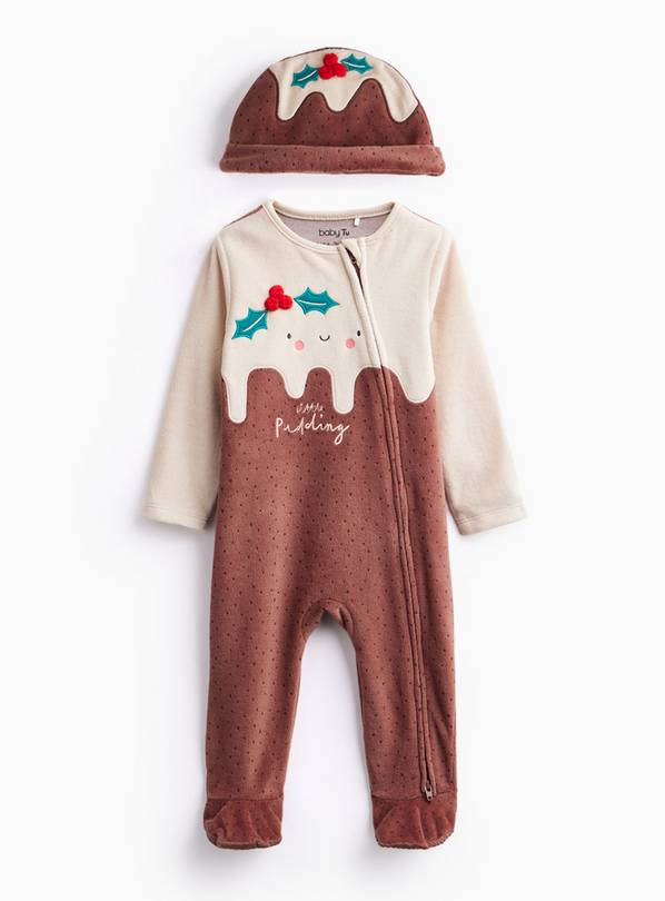 Christmas Pudding Velour Sleepsuit & Hat Set 6-9 months