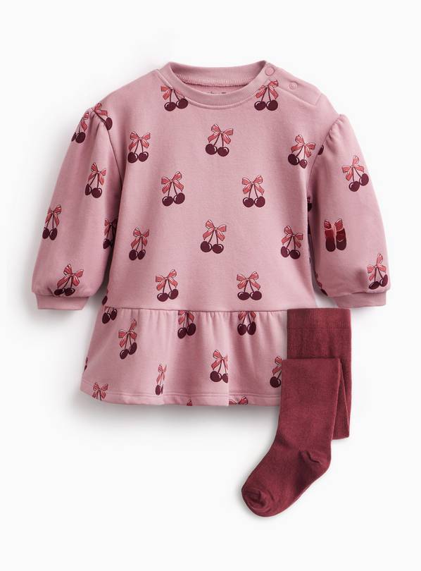 Cherry Print Sweatshirt Dress & Tights Set 12-18 months