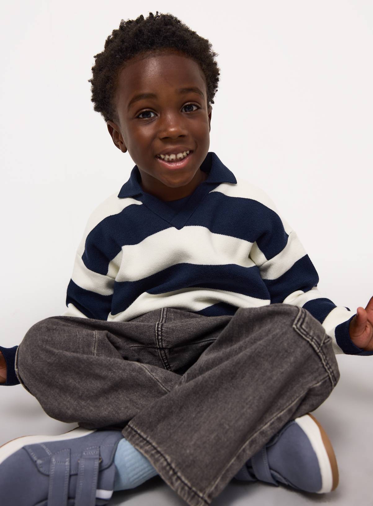 Navy & Ecru Stripe Rugby Knitted Top 7-8 years - Image 1