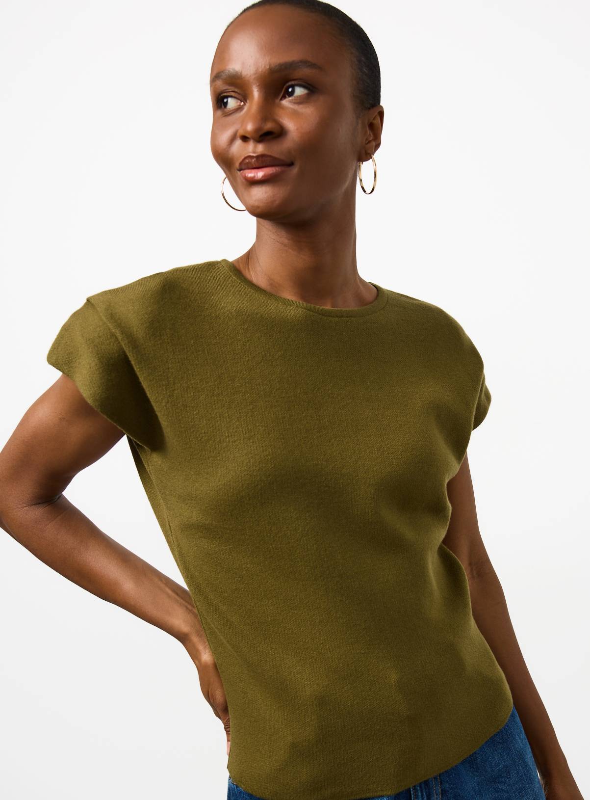 Khaki Shoulder Pad Detail Knitted Top XS - Image 1