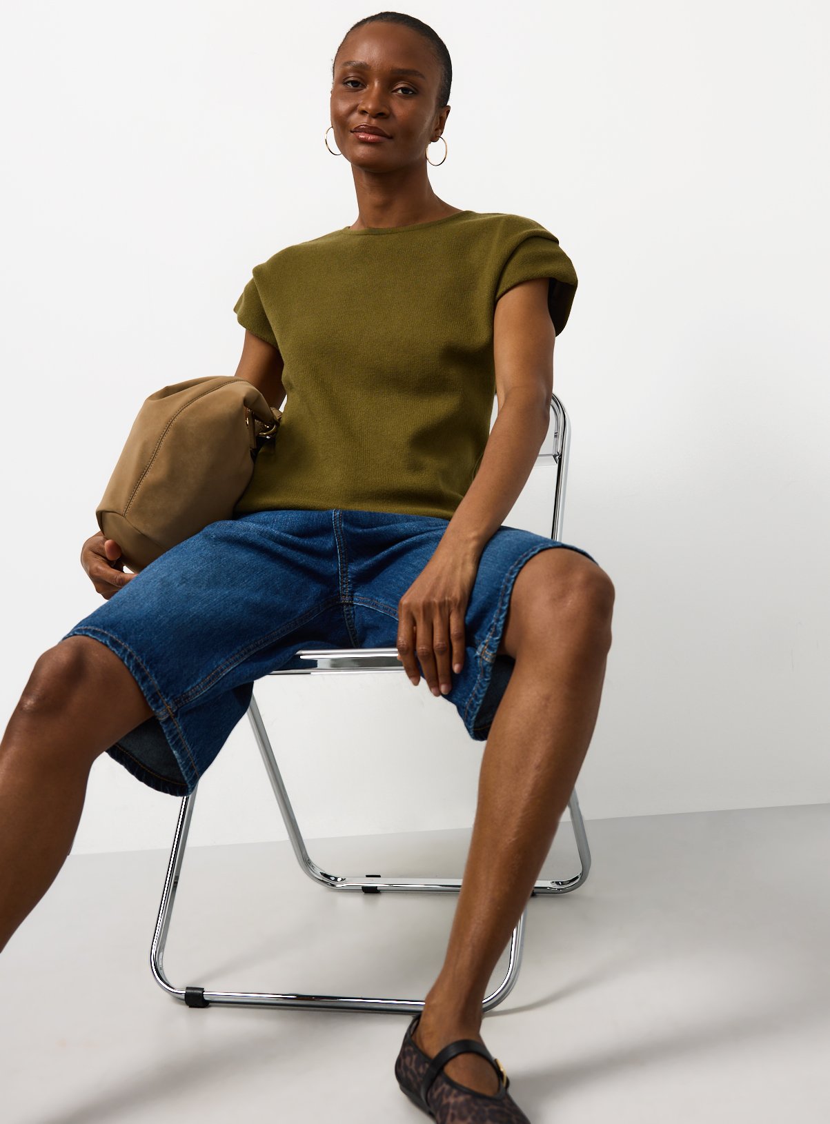 Khaki Shoulder Pad Detail Knitted Top XS - Image 2 thumbnail