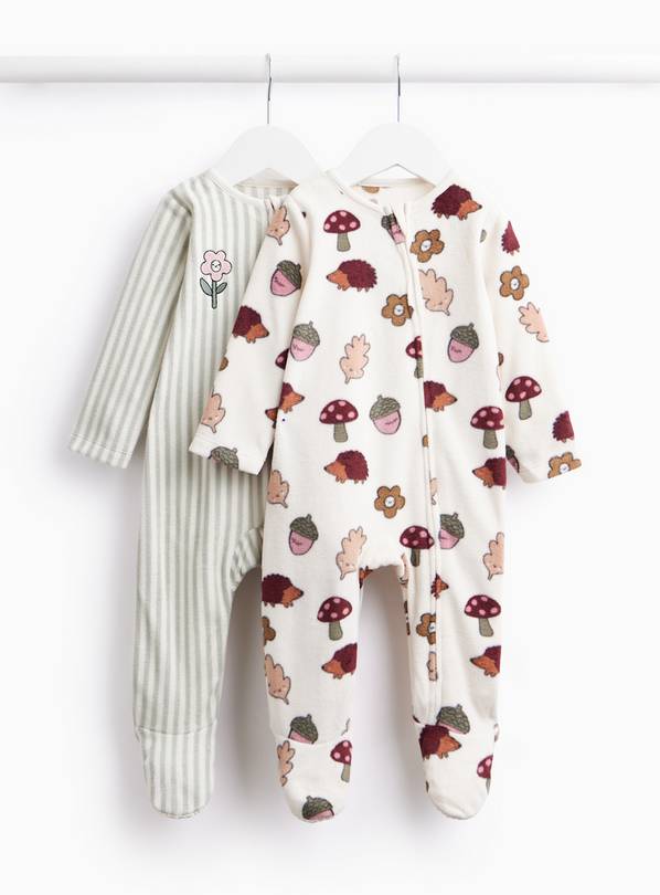 Cream Woodland Print Micro Fleece Sleepsuits 2-Pack Up to 1 mth